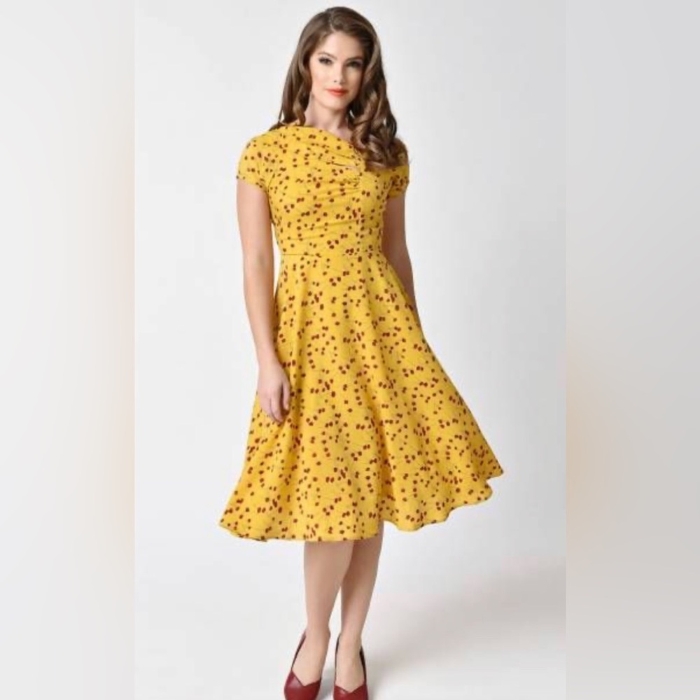 Unique Vintage Yellow and Red Floral Print 40s Style Dress